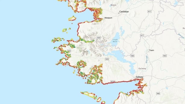 Map howing extent of coastal erosion in Galway/Mayo