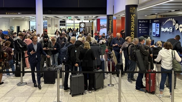Passengers at Gatwick Airport's South Terminal in Crawley, West Sussex, after flights were cancelled