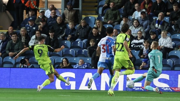 Sheffield United's Tom Cannon scores his side's equalising goal to make the score 1-1 despite the attentions of Blackburn Rovers' Aynsley Pears during the Sky Bet Championship 2026/27 match between Blackburn Rovers and Sheffield United at Ewood Park on September 8, 2026 in Blackburn, United Kingdom.