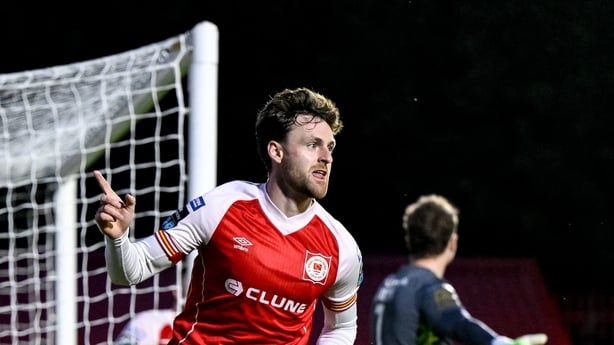 Jason McClelland of St Patrick's Athletic celebrates after scoring his side's first goal during the SSE Airtricity Men's Premier Division match between St Patrick's Athletic and Shamrock Rovers at Richmond Park in Dublin.