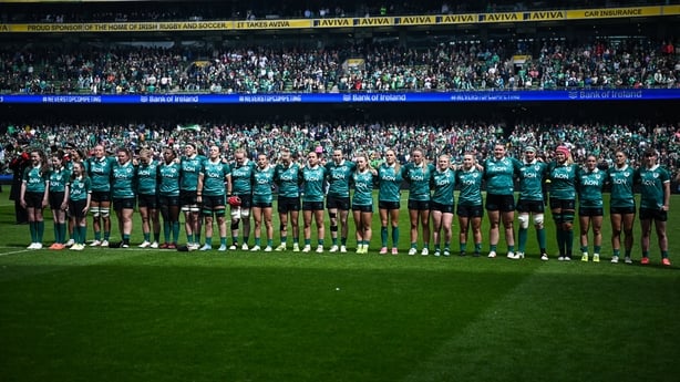 17 May 2026; Ireland players stand for the playing of the National Anthems before the Women's 6 Nations Rugby Championship match between Ireland and Scotland at the Aviva Stadium in Dublin. Photo by Seb Daly/Sportsfile
