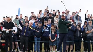 CLARECASTLE, IRELAND - SEPTEMBER 12: Shane Lowry of Ireland tees off on the second hole on day three of the Amgen Irish Open at Trump International Golf Links in Doonbeg on September 12, 2026 in Clarecastle, Ireland. (Photo by Richard Heathcote/Getty Imag