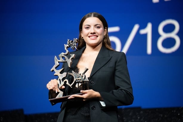 Malou Khebizi poses with the Marcello Mastroianni Award for Best Young Actor for A Place to Heal at the Venice Film Festival on 12 September, 2026. (Photo by Laurent Hou / Hans Lucas via AFP)