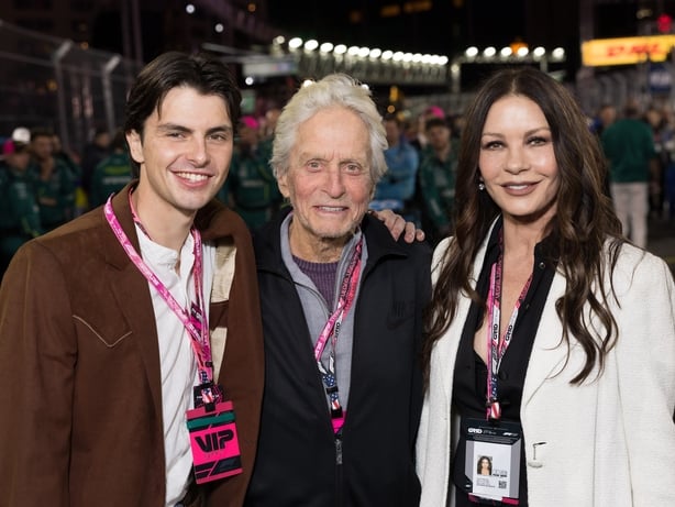 Dylan Douglas, Michael Douglas, and Catherine Zeta-Jones during the F1 Grand Prix of Las Vegas on 22 November, 2025 in Las Vegas, Nevada. (Photo by Arnold Jerocki/Getty Images)