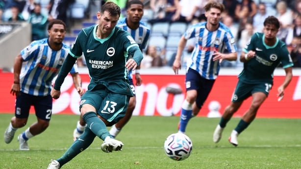 Pascal Gross scores Brighton's third goal from the penalty spot during the English Premier League football match between Coventry City and Brighton and Hove Albion at the Coventry Building Society Arena in Coventry, central England on September 13, 2026