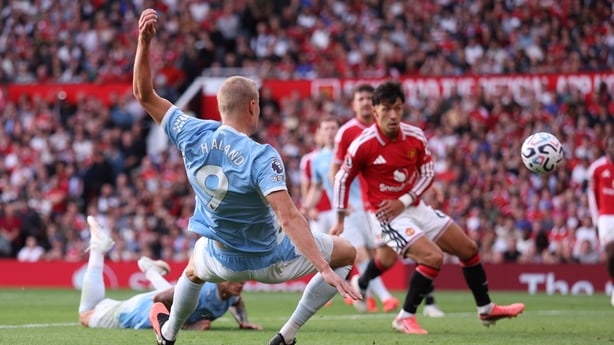 Erling Haaland of Manchester City scores a goal to make it 0-1 during the Premier League 2026/27 match between Manchester United and Manchester City at Old Trafford on September 13, 2026 in Manchester, England.