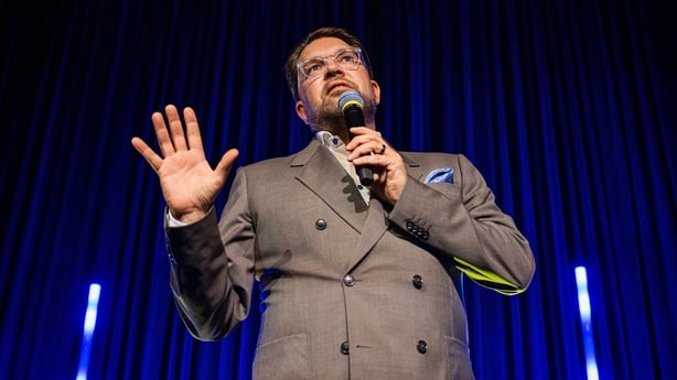 Far-right Sweden Democrats leader Jimmie Akesson delivers a speech at the party's election watch in Solna, near Stockholm, in the early hours of September 14, 2026. Sweden's leftwing opposition bloc held a razor-thin lead in Sunday's general election with half of votes counted, with the far right se
