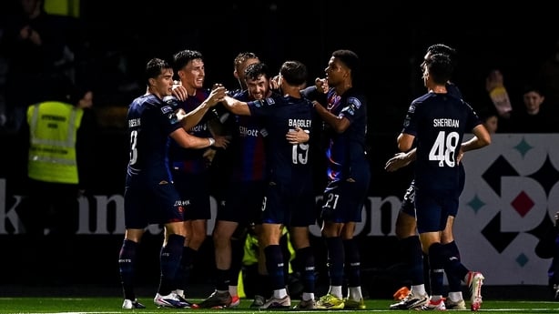 14 September 2026; Aidan Keena of St Patrick's Athletic, centre, celebrates with teammates after scoring their side's second goal during the SSE Airtricity Men's Premier Division match between Dundalk and St Patrick's Athletic at Oriel Park in Dundalk, Louth. Photo by Ben McShane/Sportsfile