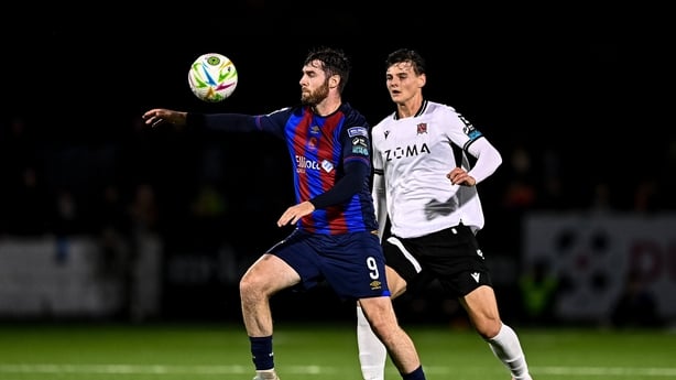 14 September 2026; Aidan Keena of St Patrick's Athletic in action against Egor Vassenin of Dundalk during the SSE Airtricity Men's Premier Division match between Dundalk and St Patrick's Athletic at Oriel Park in Dundalk, Louth. Photo by Ben McShane/Sportsfile