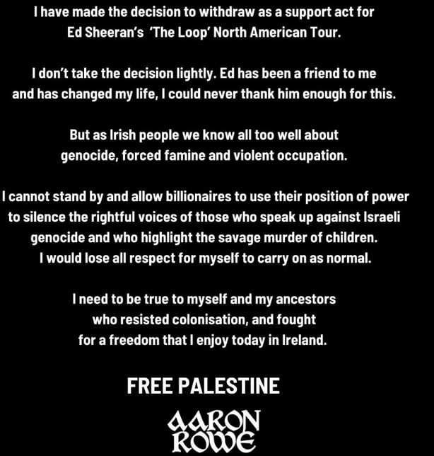 Aaron Rowe statement on Instagram