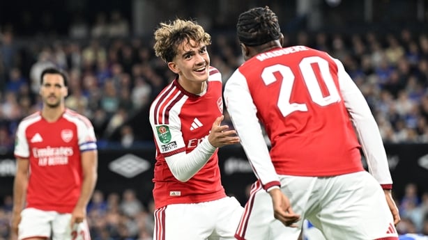 Max Dowman of Arsenal celebrates scoring his team's third goal with Noni Madueke during the Carabao Cup Third Round match between Ipswich Town and Arsenal at Portman Road on September 15, 2026 in Ipswich, England.