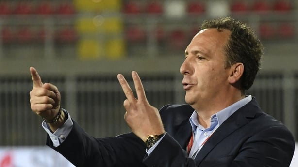 Kosovo's head coach Albert Bunjaku gestures during the FIFA World Cup 2018 qualification football match between Kosovo and Finland at Loro Borici stadium in Shkoder on September 5, 2017.