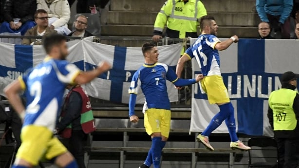 Valon Berisha of Kosovo (15) jubitales after scoring 1-1 against Finland during the WC 2018 football qualification match between (group I) Finland vs Kosovo in Turku on September 5, 2016.