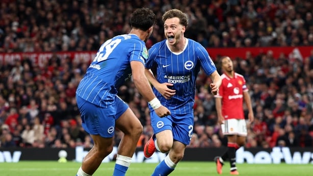 Maxim De Cuyper reacts after scoring Brighton's third goal against Manchester United at Old Trafford