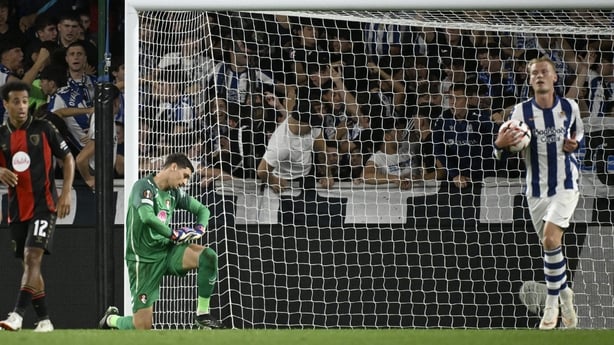 Bournemouth's Serbian goalkeeper #01 Djordje Petrovic looks dejected after Real Sociedad's Spanish forward #17 Sergio Gomez (not seen) scored his team's first goal during the UEFA Europa League 1st round day 1 football match between Real Sociedad and AFC Bournemouth at Anoeta Stadium in San Sebastia