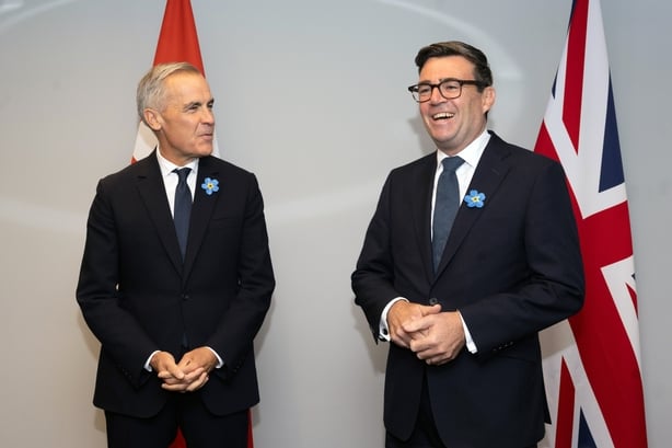 LIVERPOOL, ENGLAND - SEPTEMBER 16: Mark Carney, Canada's prime minister, (L), and UK prime minister, Andy Burnham, are seen during a bilateral meeting ahead of the Everton and Wolverhampton Wanderers English League Cup football match at Hill Dickinson Stadium on September 16, 2026 in Liverpool, Engl
