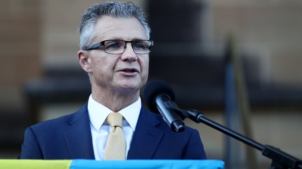 Assistant Minister for Foreign Affairs Matt Thistlethwaite speaks with members of the Australian Ukrainian community and supporters during a service at St Mary's Cathedral Square on February 24, 2026 in Sydney, Australia. February 24 marks the fourth anniversary of Russia's invasion of Ukraine and w