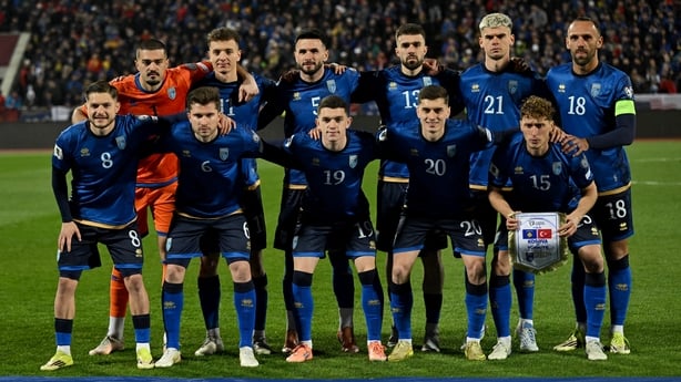 (From L) Kosovo's goalkeeper #01 Arijanet Muric, Kosovo's forward #11 Fisnik Asllani, Kosovo's midfielder #05 Lumbardh Dellova, Kosovo's defender #13 Kreshnik Hajrizi, Kosovo's defender #21 Albian Hajdari, Kosovo's forward #18 Vedat Muriqi, Kosovo's midfielder #08 Florent Muslija, Kosovo's midfielde