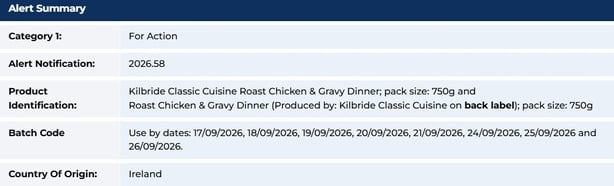The roast chicken dinners recalled by the Food Safety Authority of Ireland
