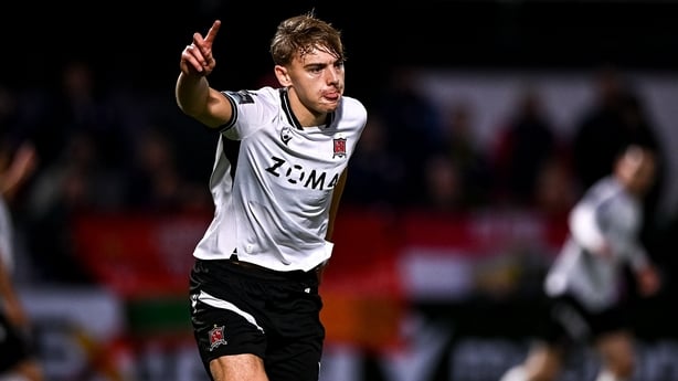 Louth , Ireland - 18 September 2026; Ronan Teahan of Dundalk celebrates after scoring his side's first goal during the SSE Airtricity Men's Premier Division match between Dundalk and Shelbourne at Oriel Park in Dundalk, Louth. (Photo By Ben McShane/Sportsfile via Getty Images)