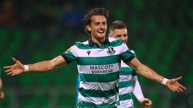 Dublin , Ireland - 18 September 2026; John McGovern of Shamrock Rovers celebrates after scoring his side's third goal during the SSE Airtricity Men's Premier Division match between Shamrock Rovers and Waterford at Tallaght Stadium in Dublin. (Photo By Stephen McCarthy/Sportsfile via Getty Images)