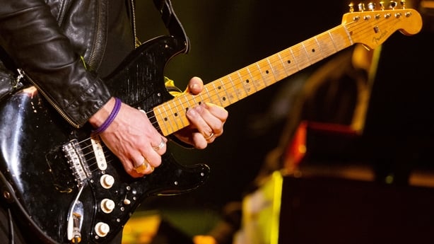LOS ANGELES, CALIFORNIA - JANUARY 11: Musician Kenny Wayne Shepherd, guitar detail of David Gilmour's 'Black Strat which was used to record the Pink Floyd album 'Wish You Were Here,' performs onstage during the Jim Irsay Collection Exhibit and Concert at Shrine Auditorium and Expo Hall on January 11