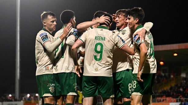 19 September 2026; Aidan Keena of St Patrick's Athletic, 9, celebrates with team-mates after scoring their side's first goal during the SSE Airtricity Men's Premier Division match between Sligo Rovers and St Patrick's Athletic at The Showgrounds in Sligo. Photo by Tyler Miller/Sportsfile