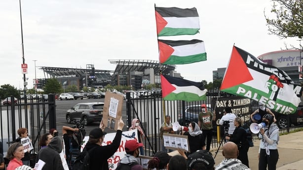 Pro-Palestinian protesters demonstrate near Lincoln Financial Field ahead of Ed Sheeran's concert in Philadelphia