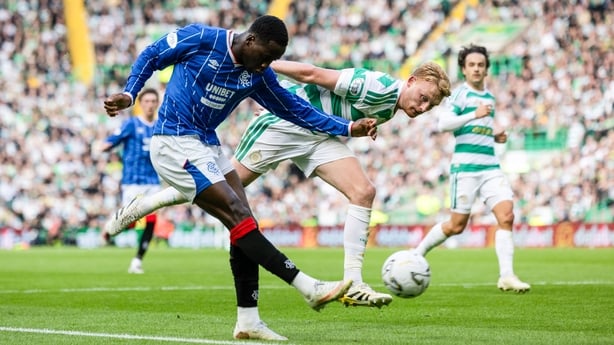 GLASGOW, SCOTLAND - SEPTEMBER 20: Rangers' Djeidi Gassama (L) and Celtic's Liam Scales in action during a William Hill Premiership match between Celtic and Rangers at Celtic Park, on September 20, 2026, in Glasgow, Scotland. (Photo by Craig Foy/SNS Group via Getty Images)