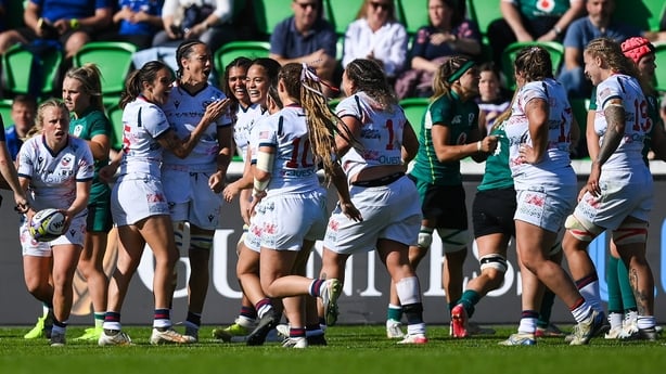 20 September 2026; Hallie Taufoou of USA, third from left, after scoring her side's fifth try during the WXV Global Series match between Ireland and USA at Tallaght Stadium in Dublin. Photo by Stephen McCarthy/Sportsfile