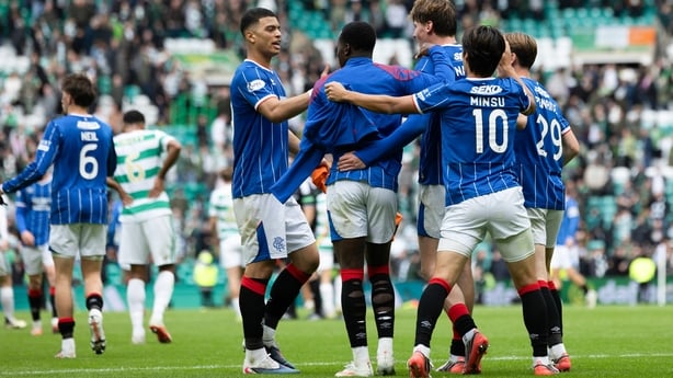 GLASGOW, SCOTLAND - SEPTEMBER 20: Rangers' Ryan Naderi celebrates with his teammates at full time during a William Hill Premiership match between Celtic and Rangers at Celtic Park, on September 20, 2026, in Glasgow, Scotland. (Photo by Craig Foy/SNS Group via Getty Images)