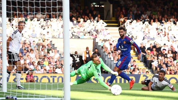 LONDON, ENGLAND - SEPTEMBER 20: Bruno Fernandes of Manchester United hits the post during the Premier League 2026/27 match between Fulham and Manchester United at Craven Cottage on September 20, 2026 in London, United Kingdom. (Photo by Marc Atkins/Getty Images)