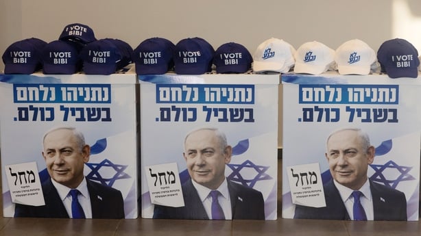 'I Vote Bibi' hats and posters of Benjamin Netanyahu