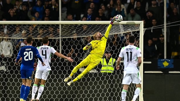Republic of Ireland goalkeeper Caoimhín Kelleher makes a save from the header of Vedat Muriqi of Kosovo, not pictured, during the UEFA Nations League B match between Kosovo and Republic of Ireland at Fadil Vokrri Stadium in Pristina, Kosovo.