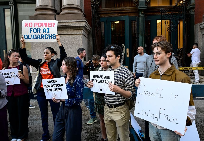 Protestors against AI demonstrate at The Puck Building in New York City on September 15, 2026.
