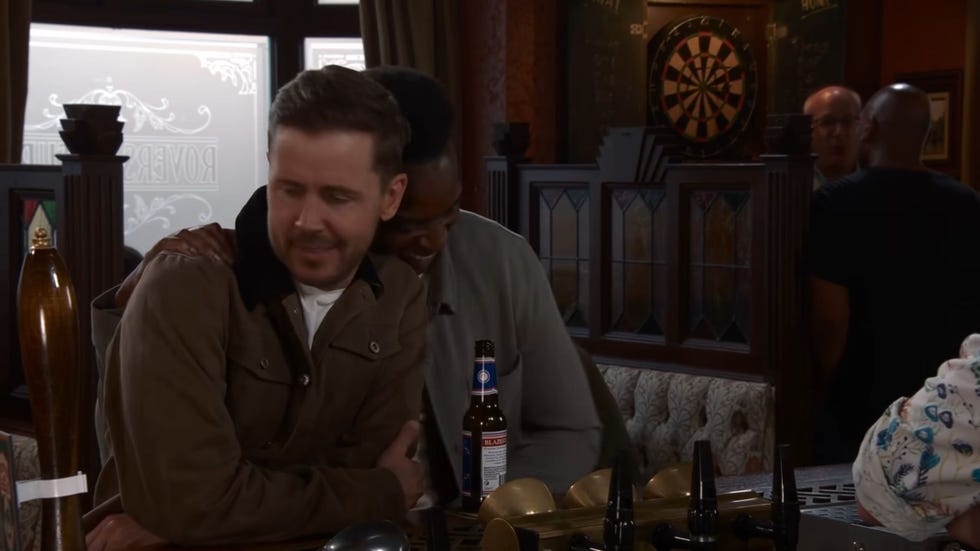 Coronation Street Todd Grimshaw and James Bailey coronation street todd grimshaw and james bailey at the rovers bar, with todd noticing james' hand on his shoulder