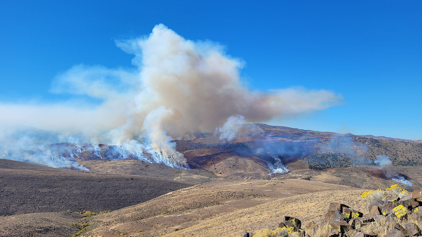 Smoke and flames rise from a controlled fire along a ridge of dry, rolling hills under a blue sky.