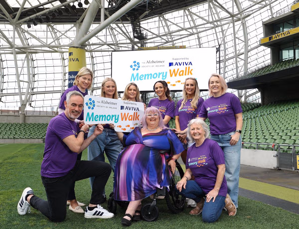 Alzheimer’s Ambassadors, TV producer and presenter Jon Slattery with Tina Gates, Councillor Emma Blain, MEP Nina Carberry, Podcaster Louise McSharry, Beauty entrepreneur Pamela Laird, Content creator Danielle Websdale and Actress Una Crawford O’Brien, pictured at the launch of the 2026 Alzheimer’s Memory Walk, Supported by Aviva Ireland (Aviva) held in the Aviva Stadium, Dublin.