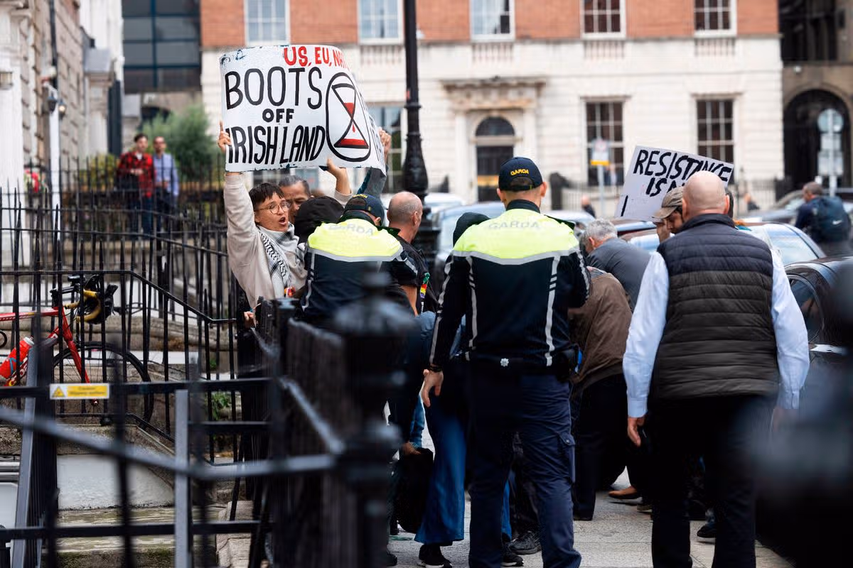 A scuffle between members of the Anti Imperialist Ireland (AIA) and An Garda Siochana breaks out as the protesters try to get closer to the Institute of European Affairs (IIEA) where Deputy of Secretary General of NATO Radmila Shekerinska was due to speak on Monday