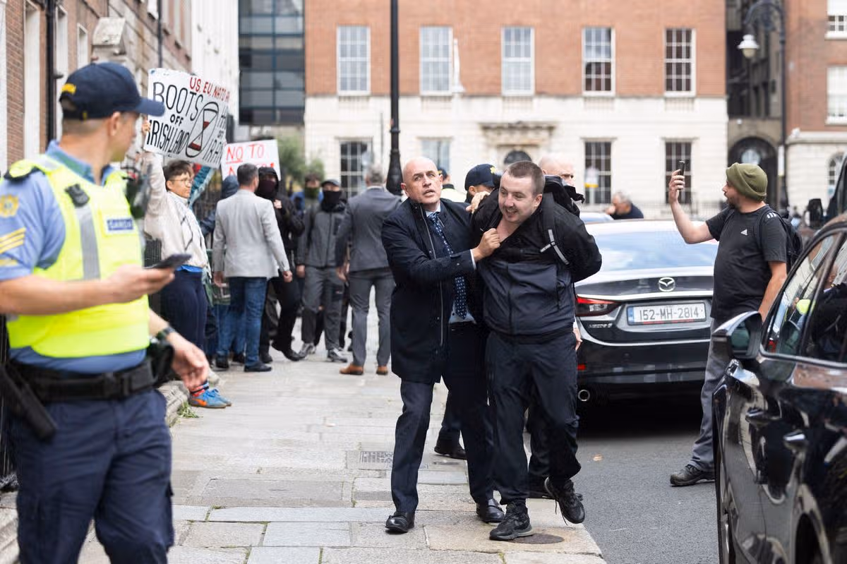 A scuffle between members of the Anti Imperialist Ireland (AIA) and An Garda Siochana breaks out as the protesters try to get closer to the Institute of European Affairs (IIEA) where Deputy of Secretary General of NATO Radmila Shekerinska was due to speak