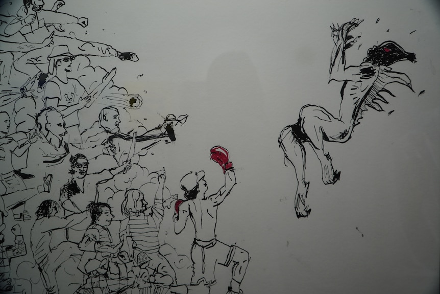 A sketch of people hitting a monster.