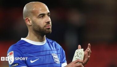 Jordan Graham in blue Birmingham shirt