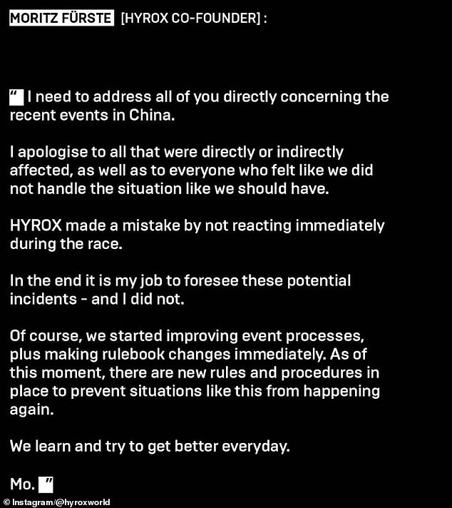 The brand's co-founder, Moritz Fürste, apologised over the incident on the Hyrox Instagram page yesterday - but has received short shrift from many