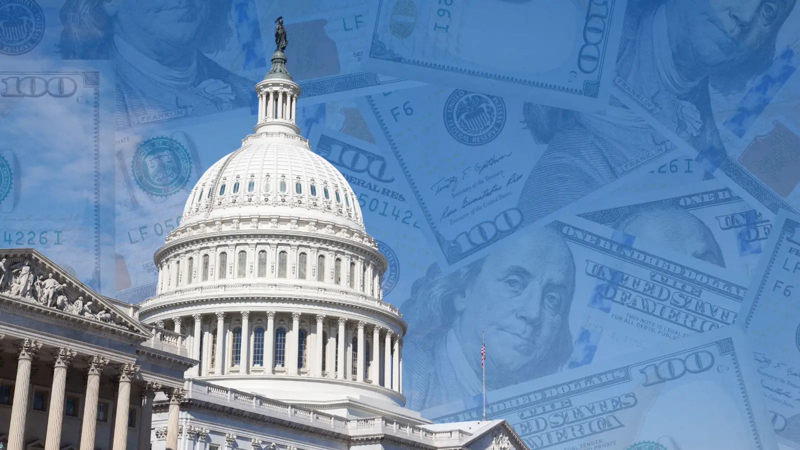 A photo of the US Capitol building with $100 bills overlaying the blue sky.