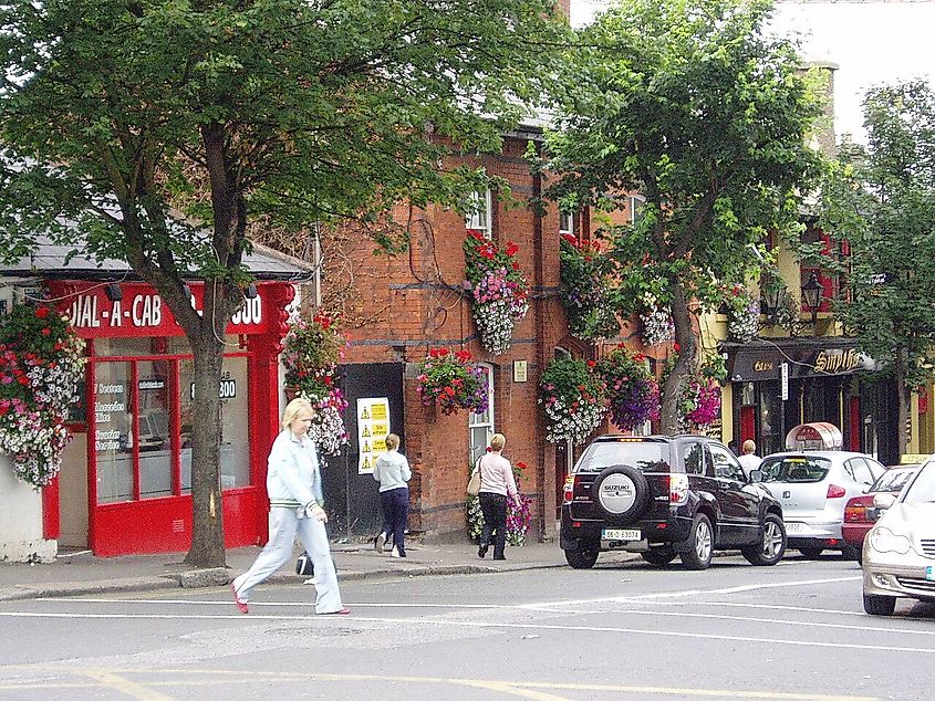 Downtown street in Malahide, Ireland.
