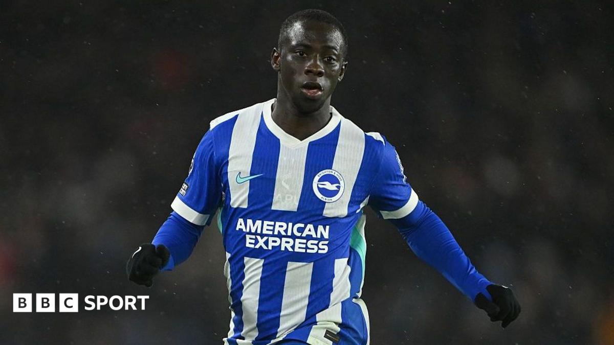 Yankuba Minteh, wearing Brighton's blue-and-white-striped kit, runs during a Premier League match