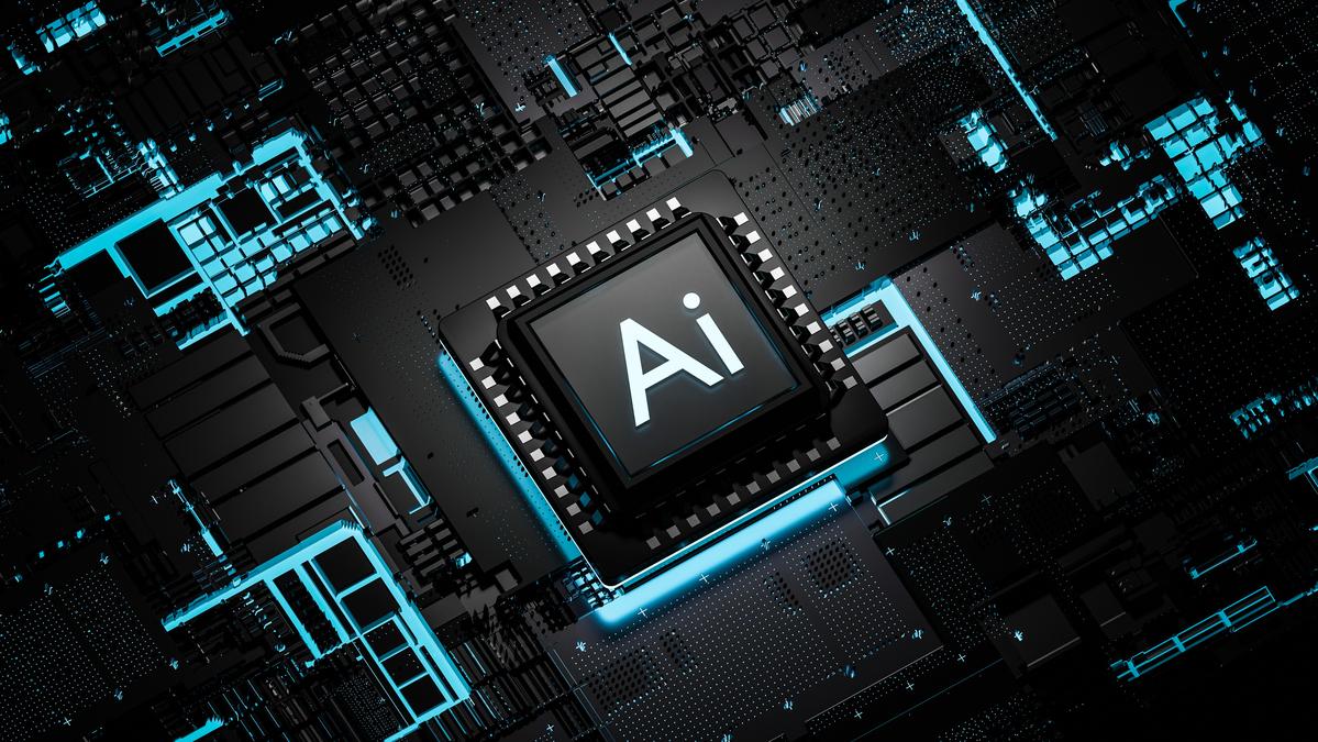 Futuristic AI processor chip glowing blue on a dark circuit board background