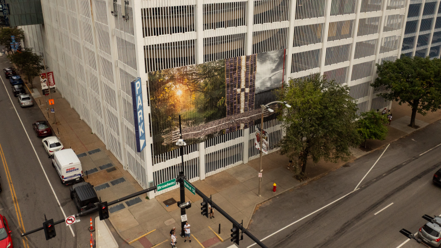 Yatika Starr Fields' piece "Site Memory" is installed near the burial site of Chief Pontiac, or Ogimaa Obwandiyag, in present-day downtown St. Louis.