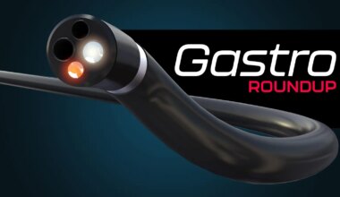 Gastro Roundup over a computer rendering of an endoscope.