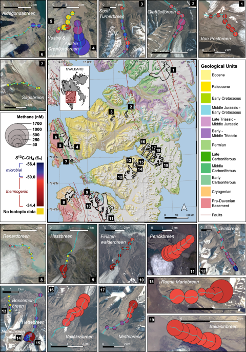 Subglacial geology and thermal conditions regulate methane emissions from Svalbard glaciers